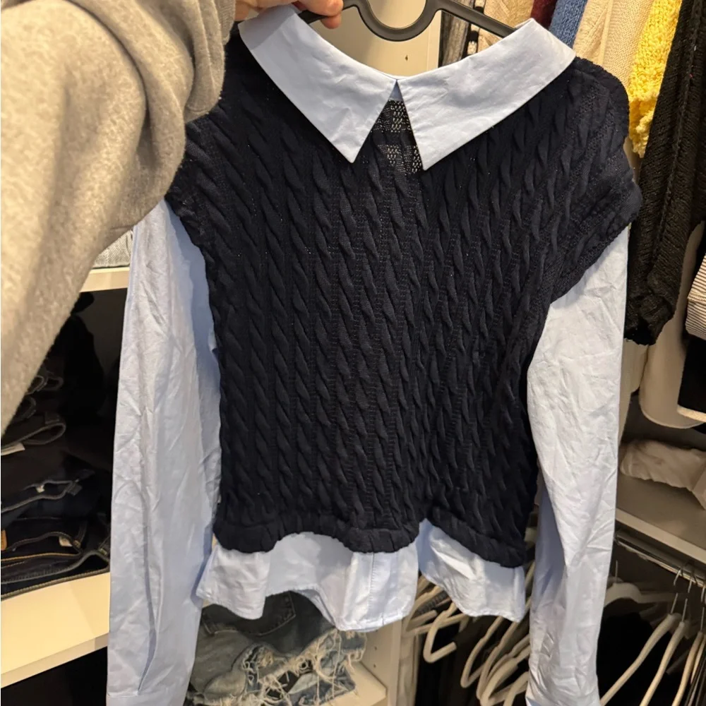 New with tags Zara Navy Cable Knit Sweater Vest with Light Blue Shirt Collar - Picture 2 of 5